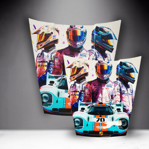 Colorful artwork featuring three race car drivers in helmets and racing suits, with a Porsche 917 Gulf racing car in the foreground.