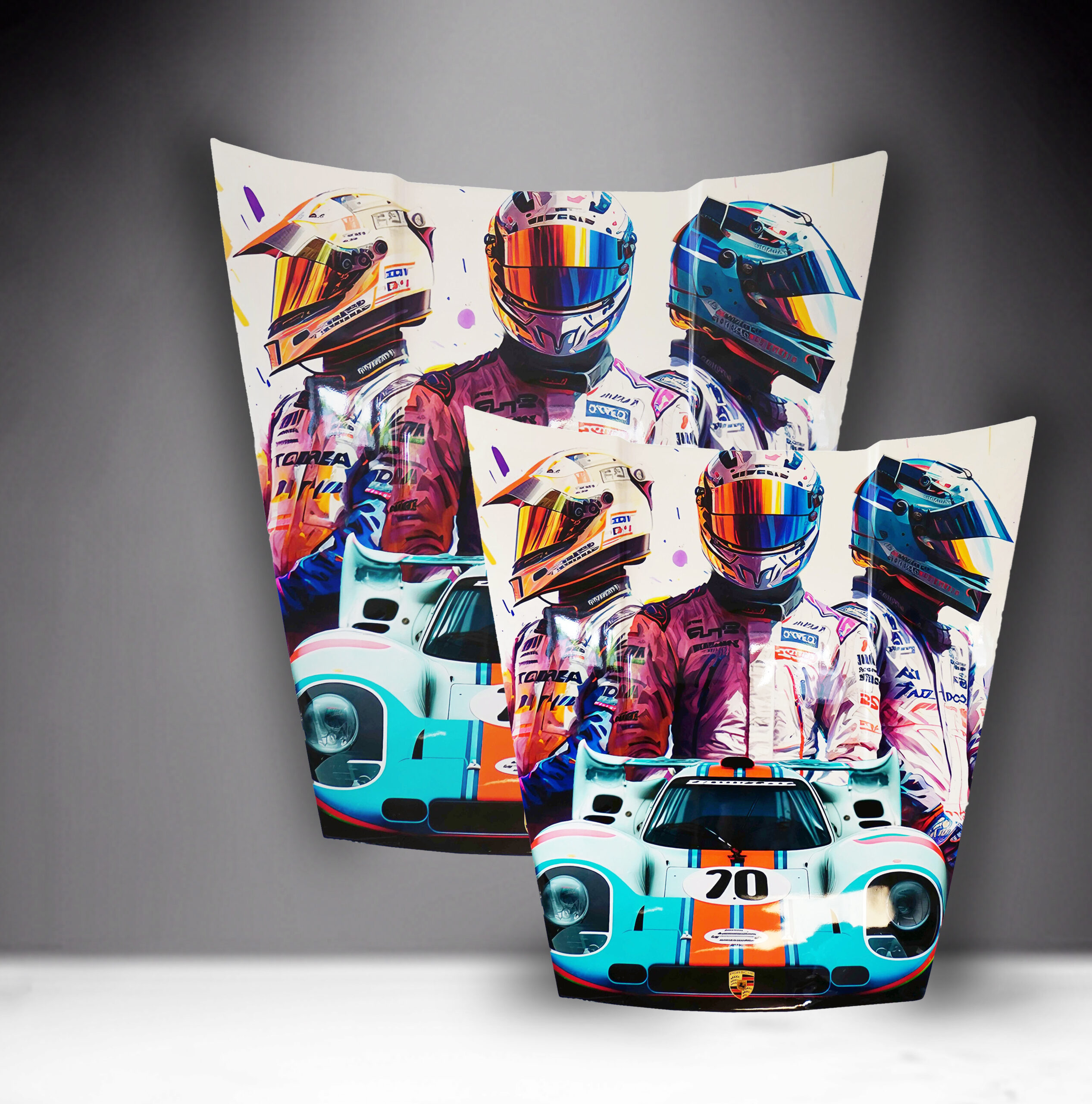 Car Mask 911 - Theme 19 1 Colorful artwork featuring three race car drivers in helmets and racing suits, with a Porsche 917 Gulf racing car in the foreground.