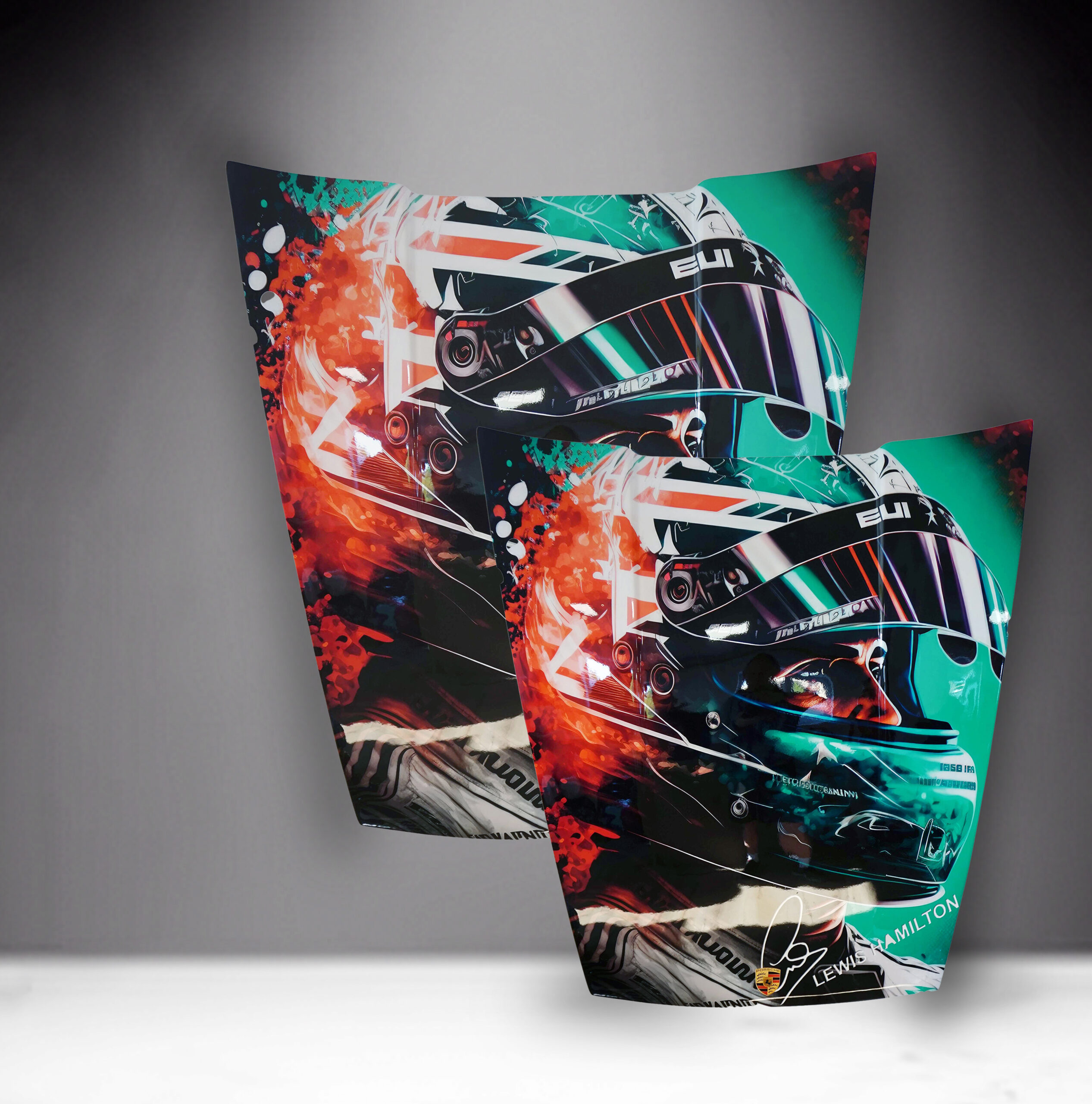 Car Mask 911 - Theme 21 1 Colorful posters of a race car driver wearing a helmet.