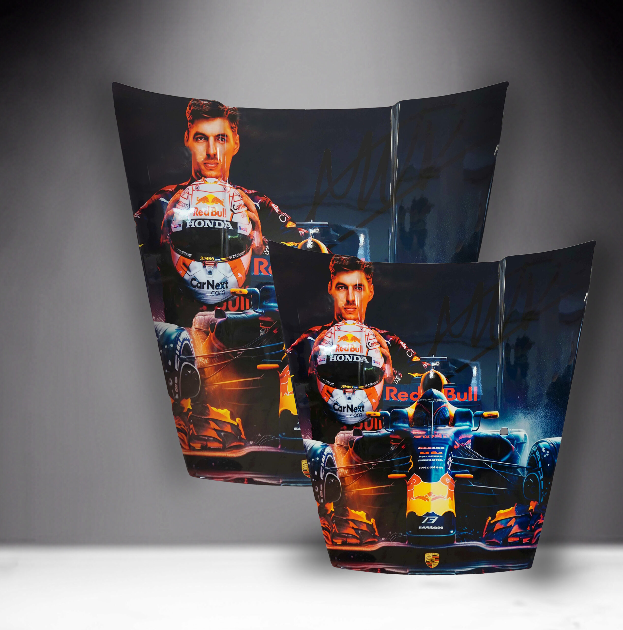 Car Mask 911 - Theme 31 1 Two car hoods painted with a portrait of a Formula 1 driver holding a helmet and standing in front of a Red Bull Racing car.