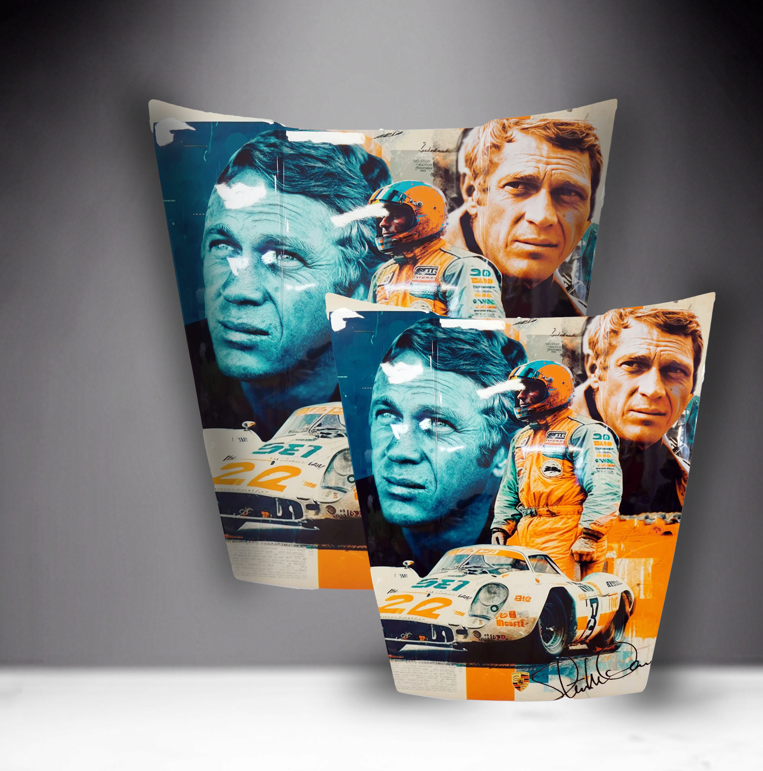 Car Mask 911 - Theme 28 1 Poster featuring a racing theme with images of a man in a racing suit, a race car, and portraits of the same man in blue and orange tones.