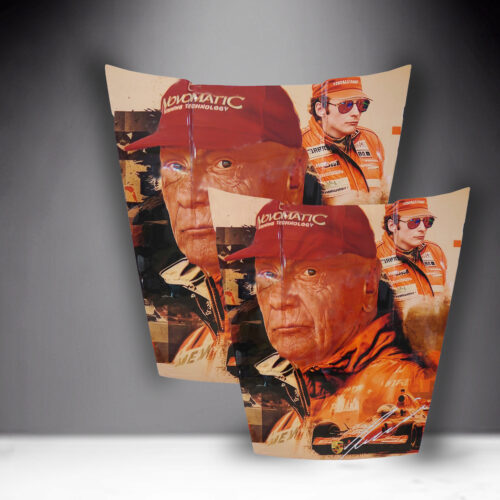 Two overlapping stylized portraits of an older man in a red cap and an orange racing suit with a vintage race car in the foreground.