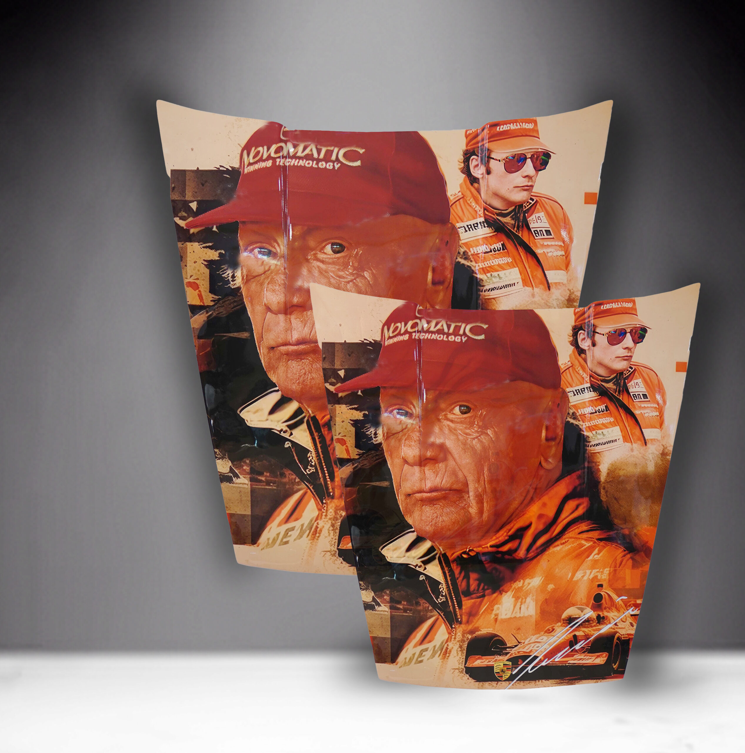 Car Mask 911 - Theme 24 1 Two overlapping stylized portraits of an older man in a red cap and an orange racing suit with a vintage race car in the foreground.