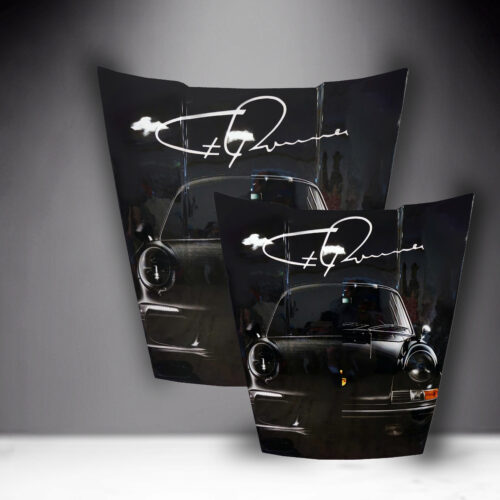 Two black car hoods featuring the front view of a classic Porsche with a signature above.
