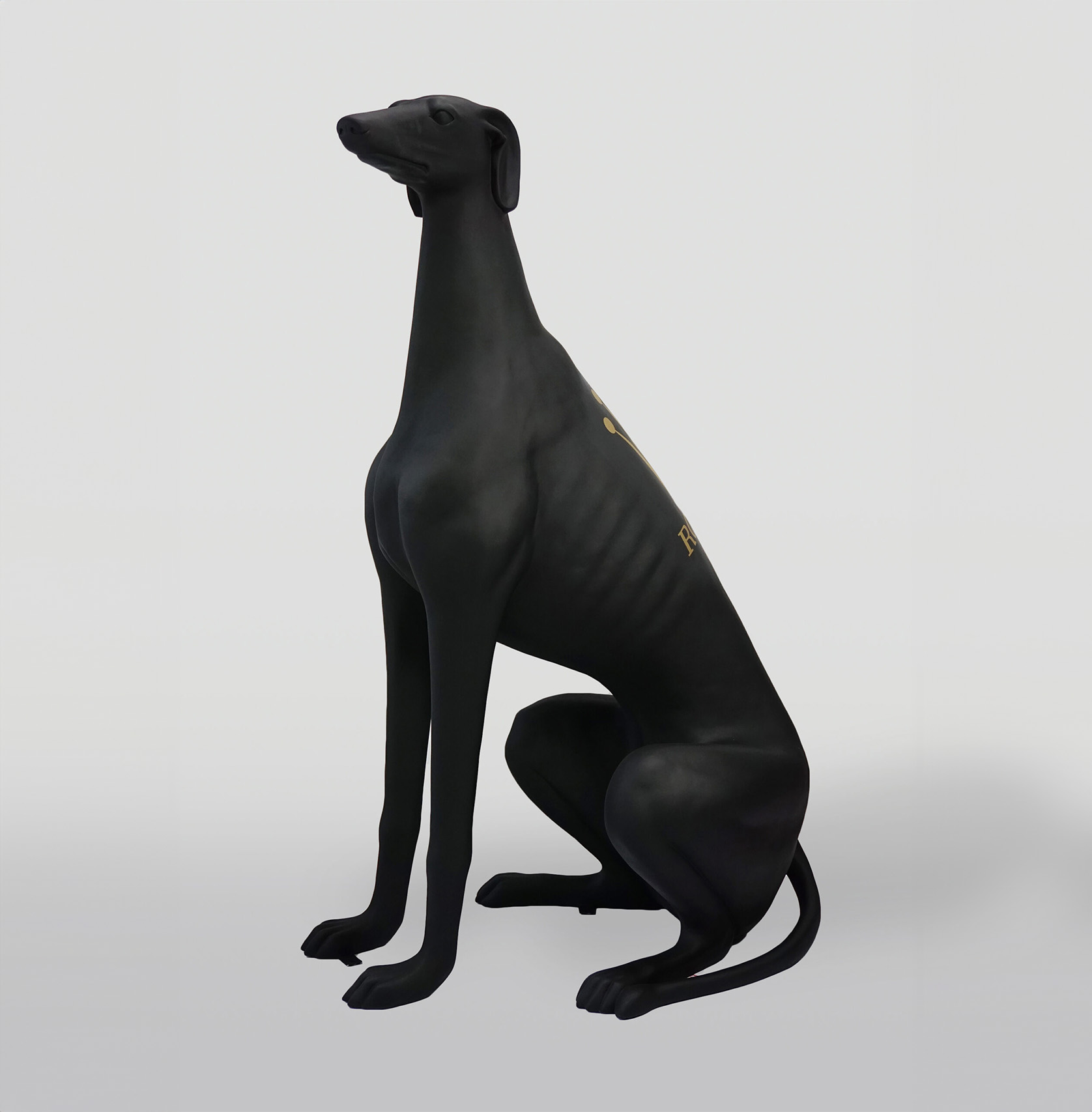 Large black greyhound dog figure RLX 1 Black greyhound statue sitting upright.
