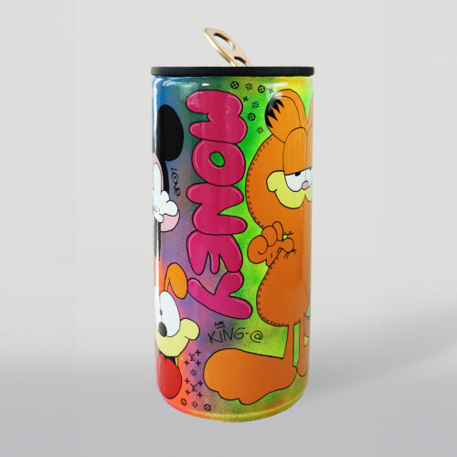 Colorful cylindrical container featuring cartoon characters, bold pink text, and a pull-tab lid.