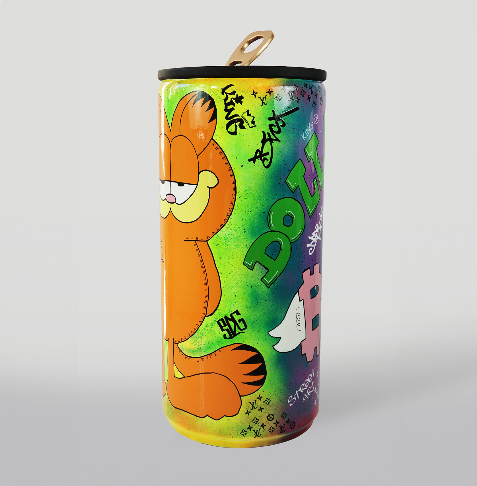 Large Can Red Bull - Kinga 1 A colorful can featuring the cartoon character Garfield, surrounded by graffiti-style text and illustrations.