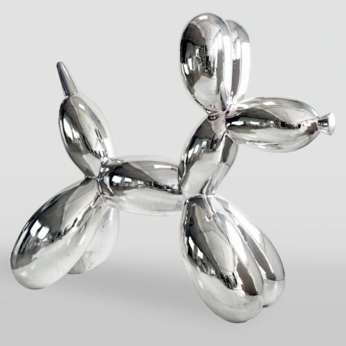 A shiny, metallic sculpture of a balloon dog against a plain background.