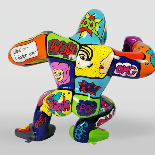 Colorful abstract sculpture with comic book-style graphics and text, including words like 