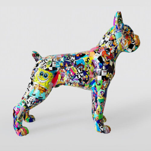 Colorful dog sculpture covered in various cartoon character images and graphics.