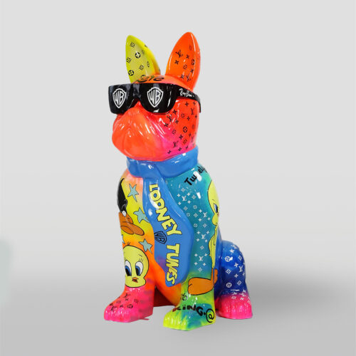 Colorful French Bulldog statue wearing black sunglasses, decorated with Looney Tunes characters and various patterns.