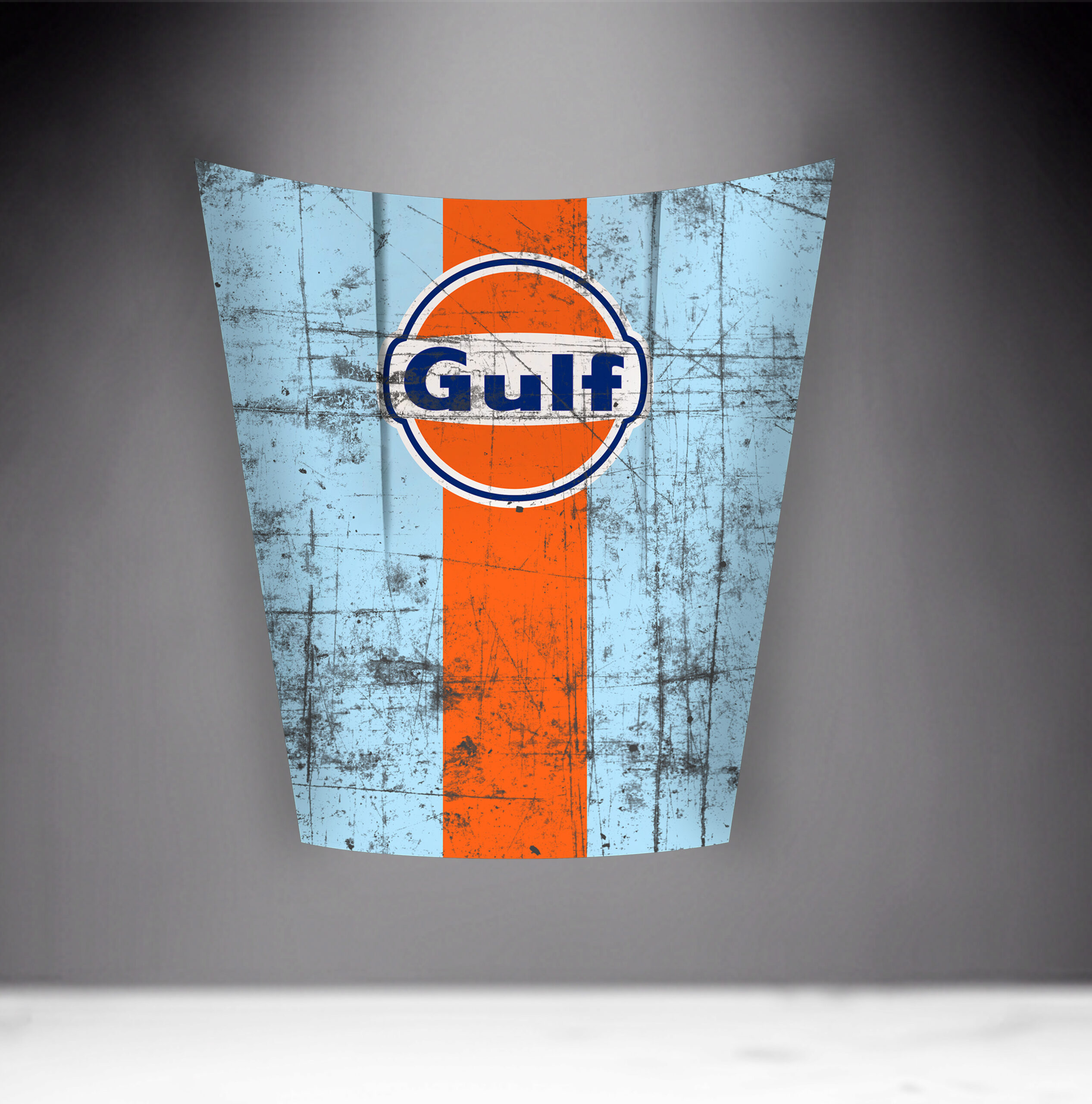 Car Mask 911 - Theme 1 2 Vintage Gulf racing logo on weathered blue and orange background.