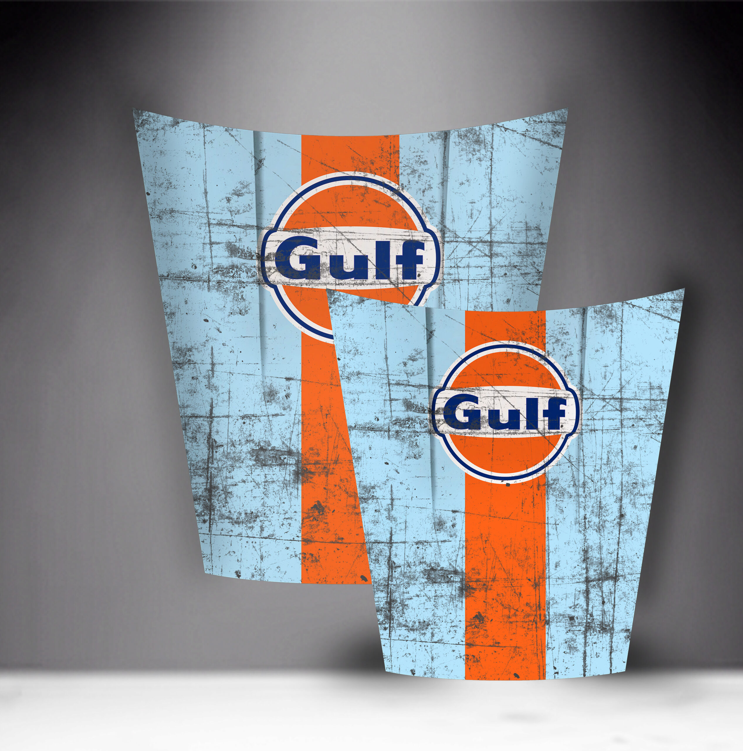 Car Mask 911 - Theme 1 1 Two cups with a distressed design featuring the Gulf logo, which consists of blue and orange colors.