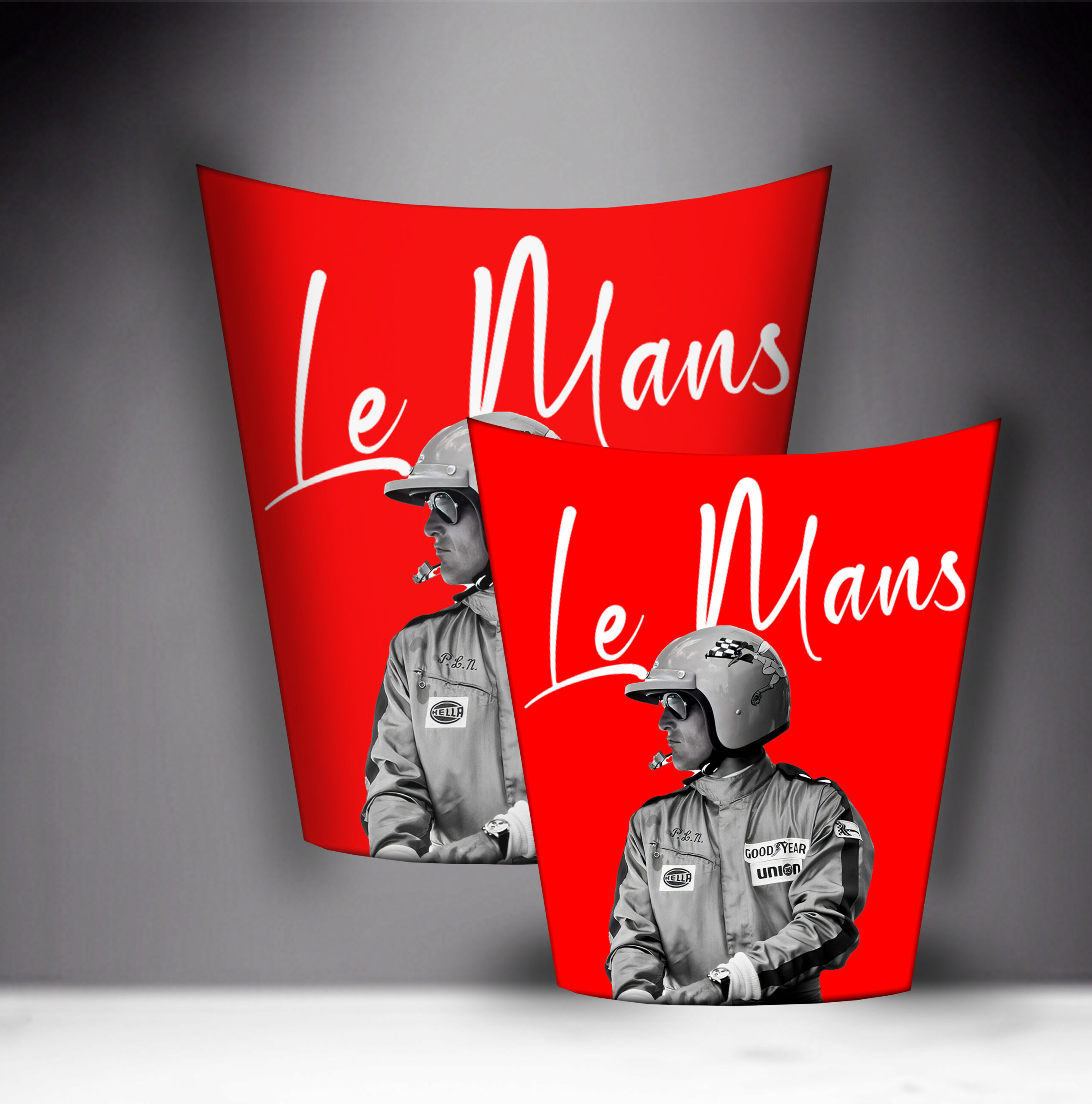 Car Mask 911 - Theme 3 1 Two Le Mans-themed posters with vintage race car drivers in helmets depicted in black and white, on a red background with