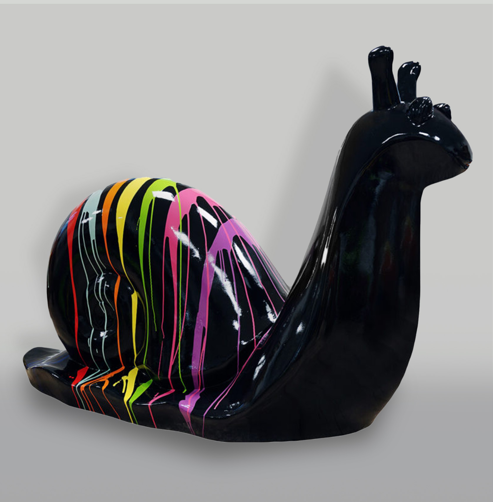 Large Decorative Snail Figure - Trash 1 Black snail sculpture with colorful, dripping paint stripes.