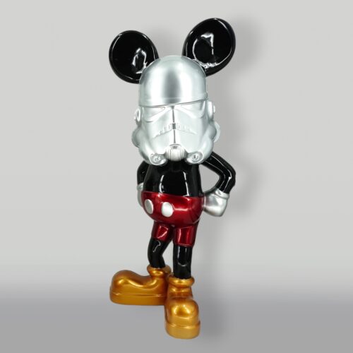 Metallic statue of a character with Mickey Mouse's body and a silver Stormtrooper helmet.