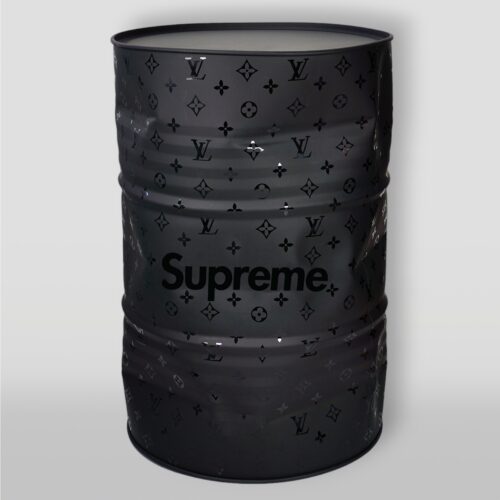 Black metal barrel featuring a glossy pattern of Louis Vuitton branding and the word 