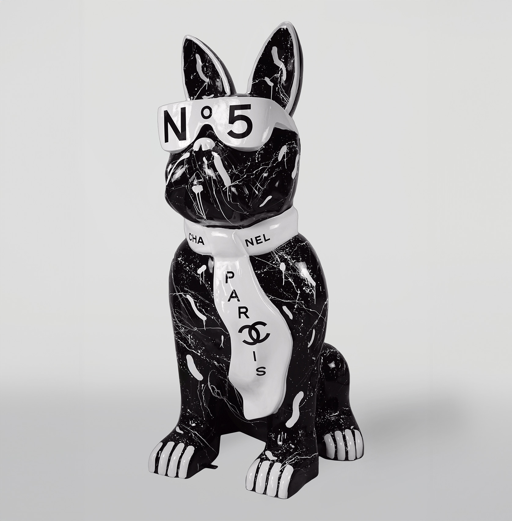 Large figure of a bulldog with a tie and glasses - No.5 Black 1 A black and white sculpture of a dog wearing sunglasses with