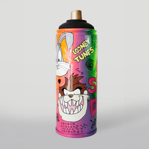 Colorful spray paint can featuring Looney Tunes characters, including Bugs Bunny and Taz, with a gradient background and various designs.