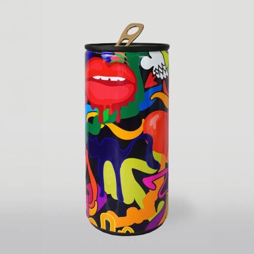 A colorful cylindrical can with a pop art design, featuring red lips, abstract shapes, and vibrant colors, topped with a pull-tab lid.