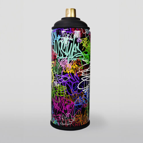 Colorful spray paint can with graffiti-style artwork in various vibrant colors and a gold nozzle on a light gray background.