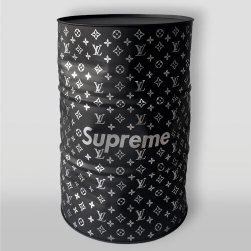 Black metal barrel adorned with Louis Vuitton and Supreme logos in white.