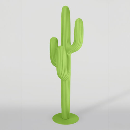 A green, abstract cactus sculpture with a circular base in a minimalist setting.