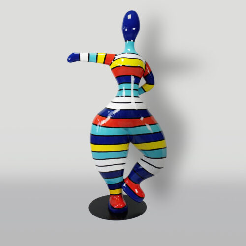 Colorful abstract sculpture of a human figure with elongated limbs and rounded torso, featuring horizontal stripes in various colors.