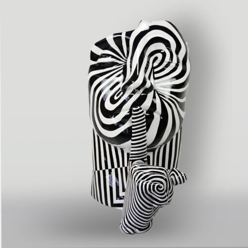Black and white striped sculptural hand pointing upward with a swirled pattern on the background.