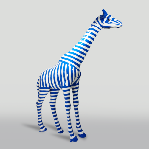 A sculpture of a giraffe with alternating blue and white horizontal stripes.