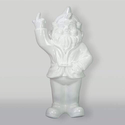 White ceramic garden gnome with one hand raised, making a peace sign.