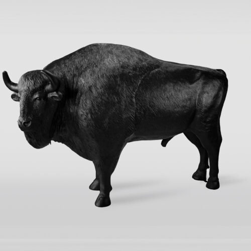 Black bison sculpture against a plain white background.