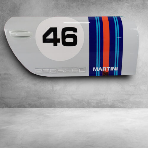 Porsche car door painted in white with Martini Racing stripes, the number 46, and Porsche and Martini logos.