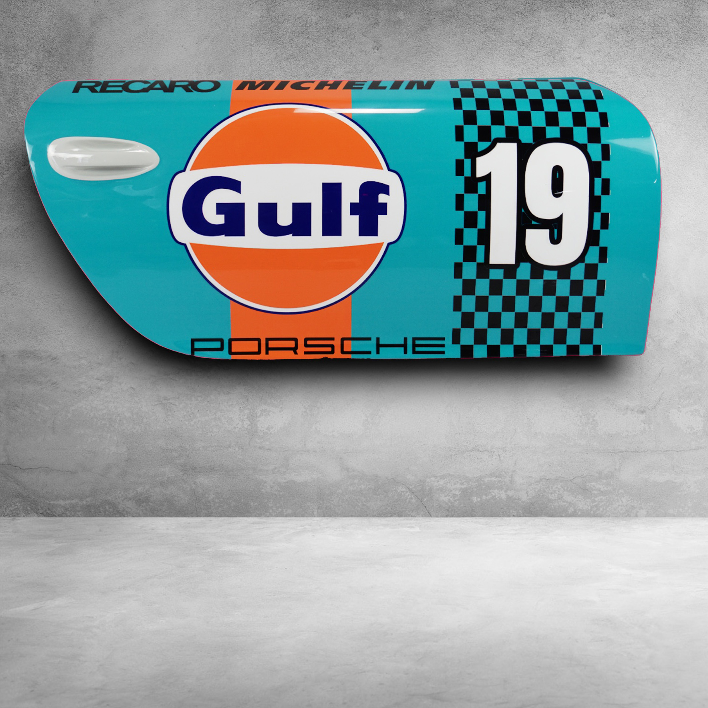 Car doors 911 - Motif 9 1 Racing car door panel with blue and orange Gulf branding, the number 19, and logos for Recaro, Michelin, and Porsche.