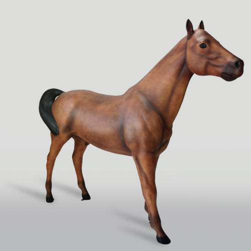 A realistic statue of a brown horse with a black mane and tail, standing upright against a plain background.