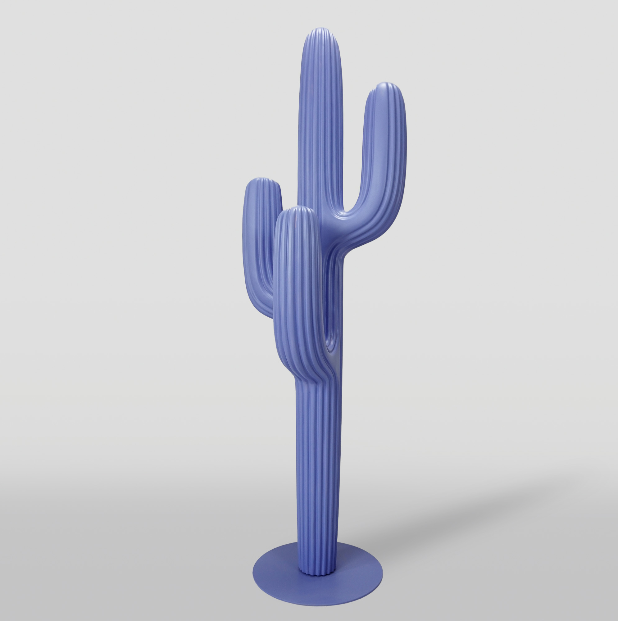 Pastel Purple Hanger - Cactus 1 A blue sculpture of a stylized, ribbed cactus with three arms, standing on a round base.