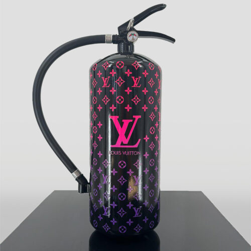 A black fire extinguisher with pink and purple Louis Vuitton monogram patterns and the LV logo.