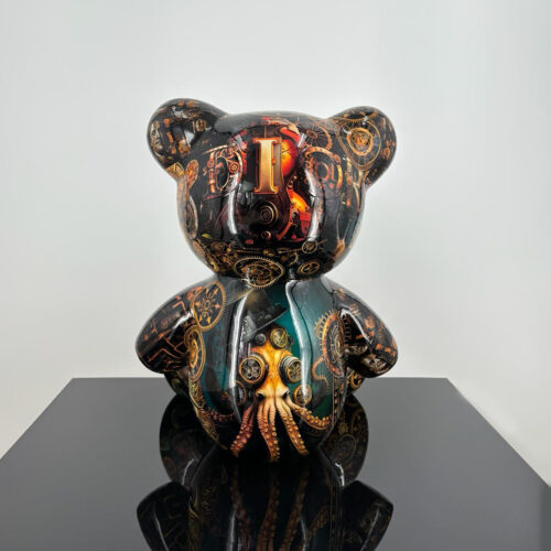 A steampunk-inspired teddy bear figurine with intricate clockwork and gear designs, including an image of an octopus on its body, standing on a glossy black surface.