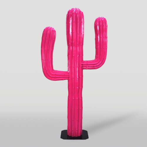 Bright pink cactus sculpture on a black base.