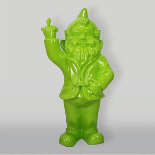A glossy lime green garden gnome figure, with one arm partially raised and the middle finger extended.