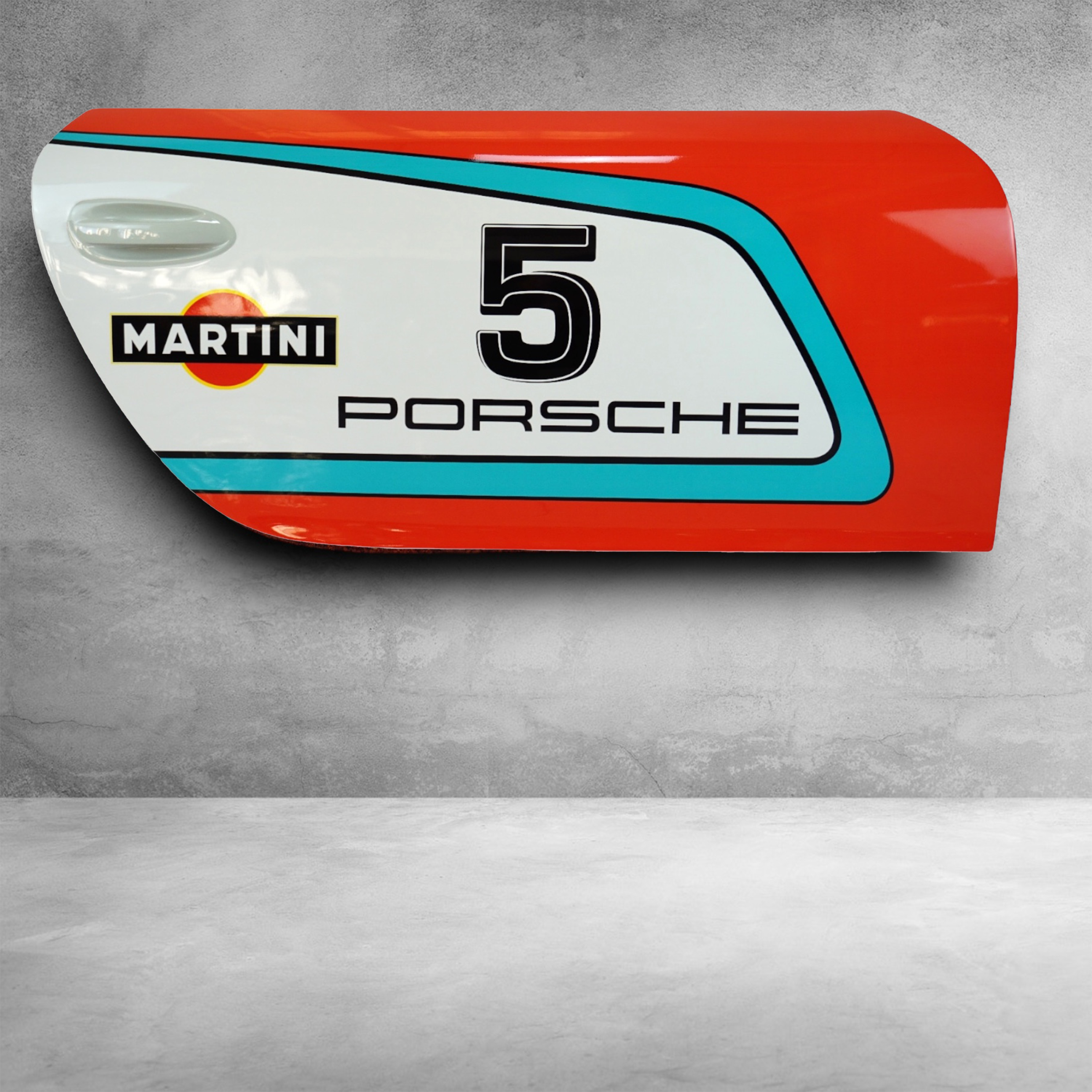 Car doors 911 - motif 1 1 Red, white, and blue Porsche car door panel with the number 5, Martini logo, and Porsche text.
