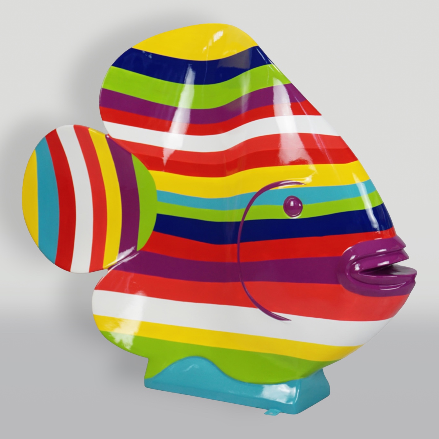 XL Fish in Colorful Stripes - Motif 1 1 Colorful fish sculpture with horizontal stripes in red, orange, yellow, green, blue, and purple.