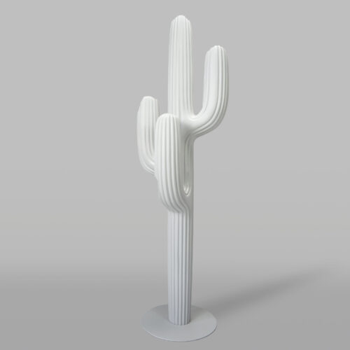 White cactus sculpture with a modern, ribbed design and a circular base.