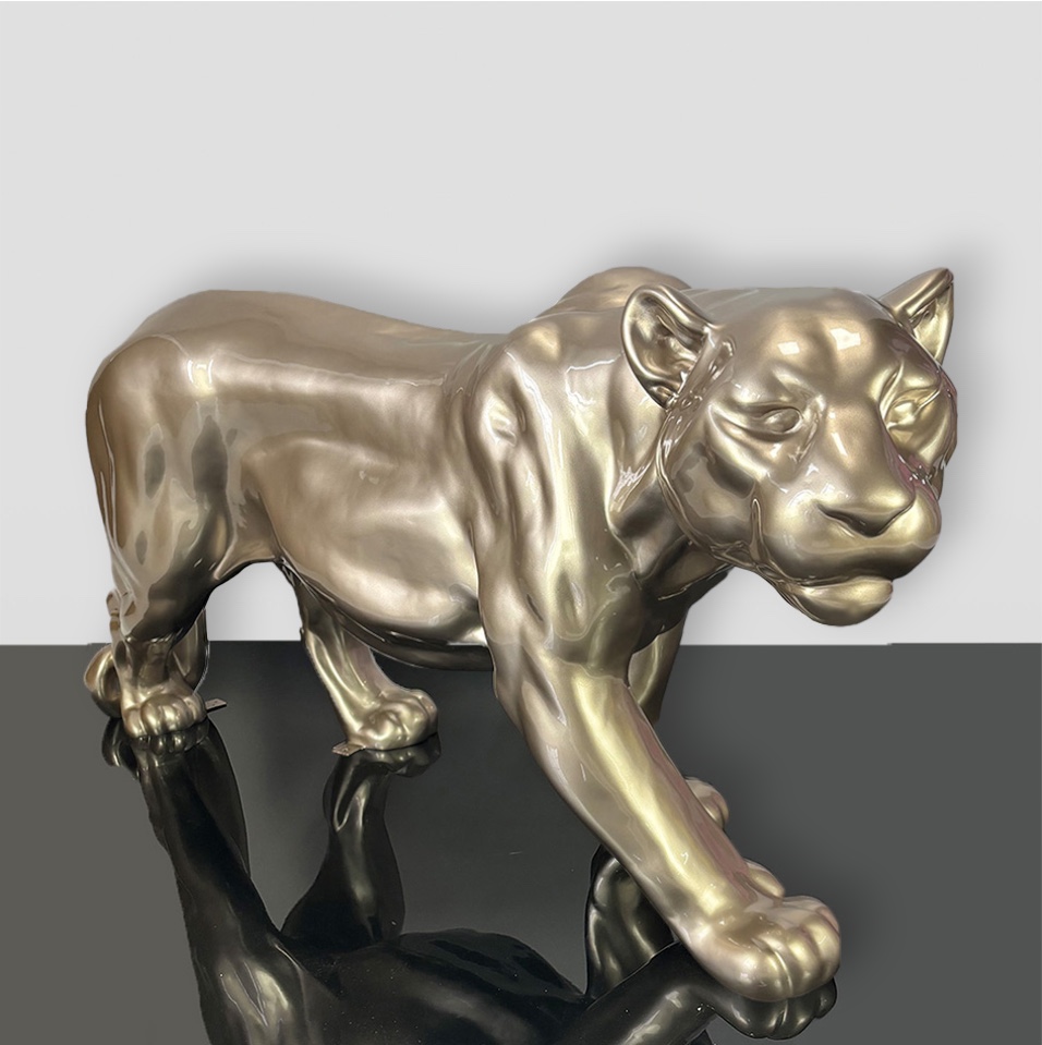Panther Standing Life-sized - Metallic Gold 2 Bronze statue of a prowling panther on a glossy black surface.