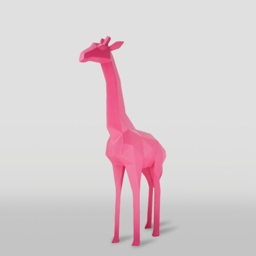 A pink, geometric sculpture of a giraffe.