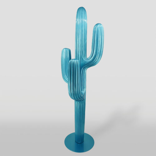 A shiny blue cactus-shaped sculpture standing on a round base.