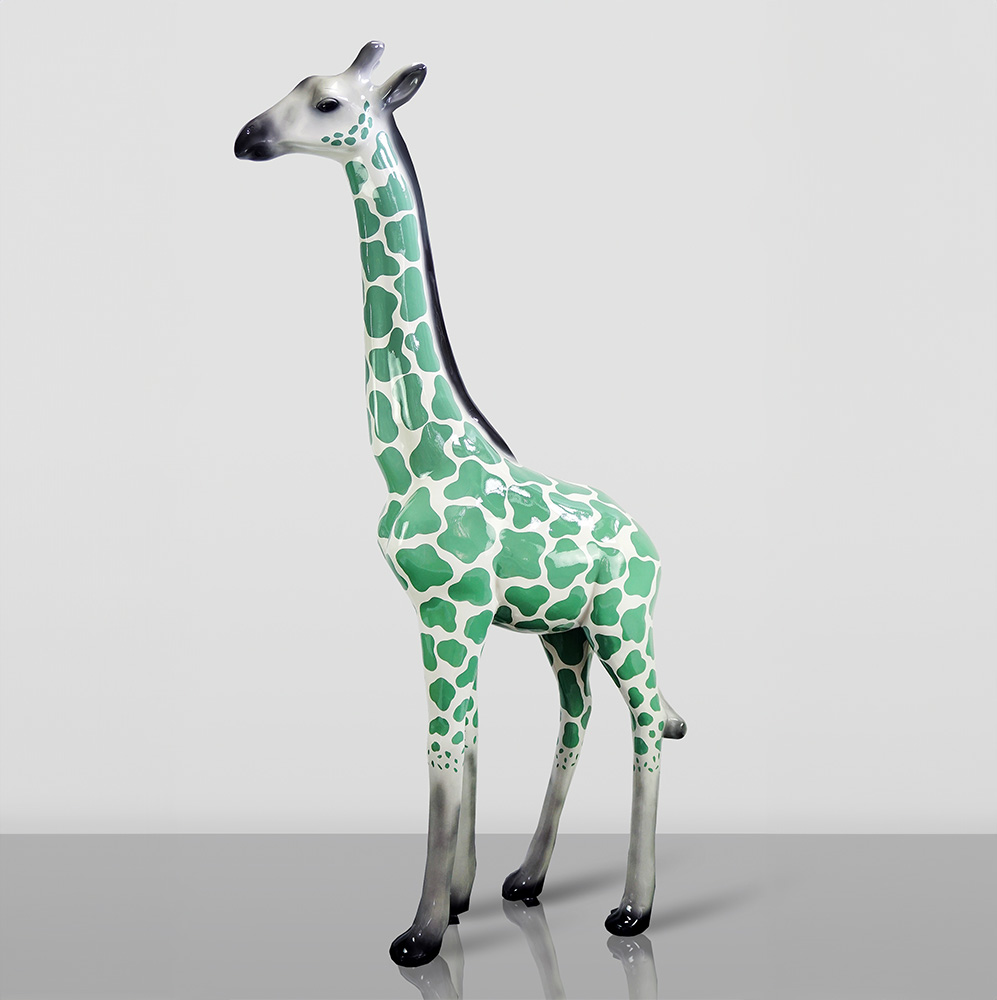 Large 3D Figure - Giraffe with Green Spots 1 Figurine of a giraffe with a green and white spotted pattern on its body, black gradient legs, and a black-to-white gradient neck and head.