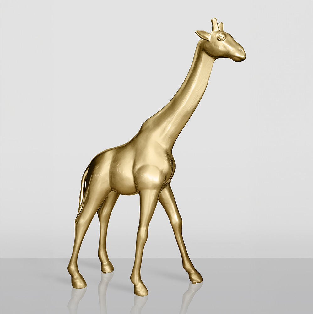 Large Giraffe 230CM - Gold Version 1 Golden giraffe figurine on a reflective surface.