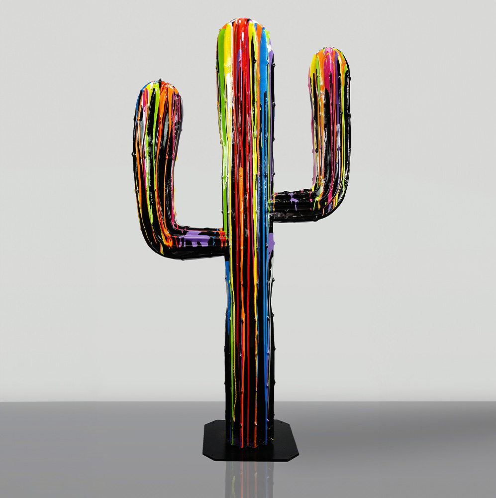 Cactus 180 CM - Black Trash 1 Colorful cactus-shaped sculpture with rainbow streaks against a plain background.