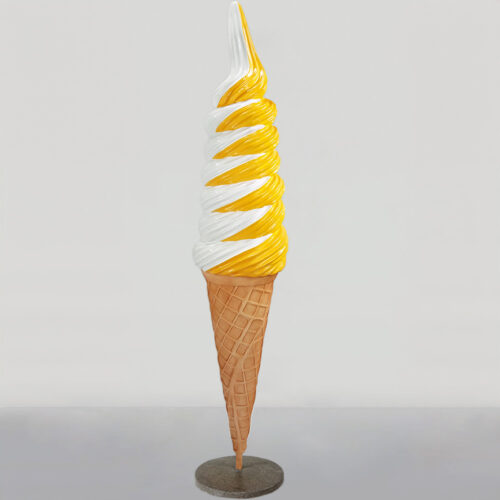 Statue of a tall vanilla and orange twist soft-serve ice cream cone on a gray circular base.
